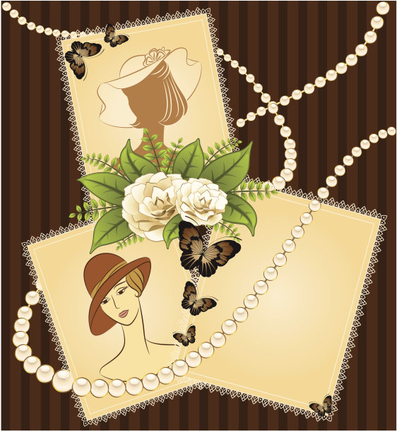复古时尚背景与鲜花和女孩。向量图片下载