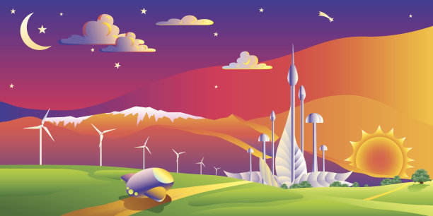 以未来城市为背景的风力涡轮机农场图片下载