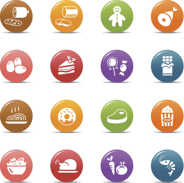 彩色3D气泡中的白色食物图标图片下载
