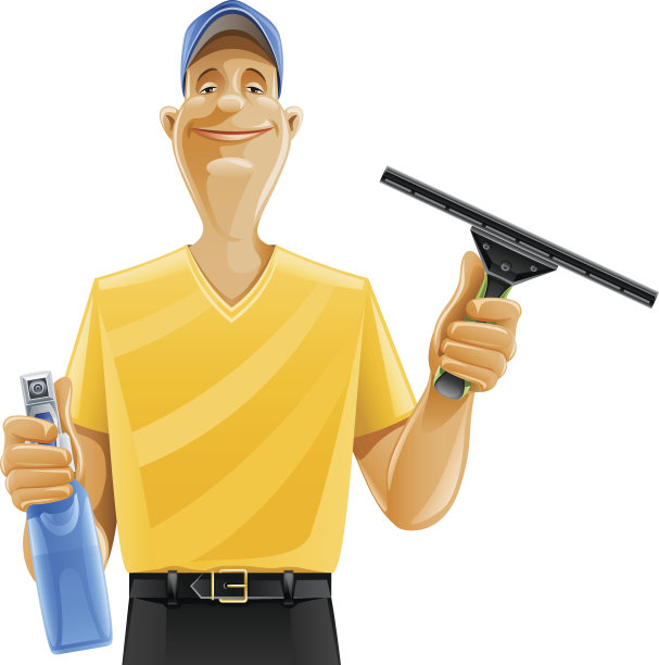 卡通男性窗户清洁工与橡皮擦和清洁喷雾图片下载