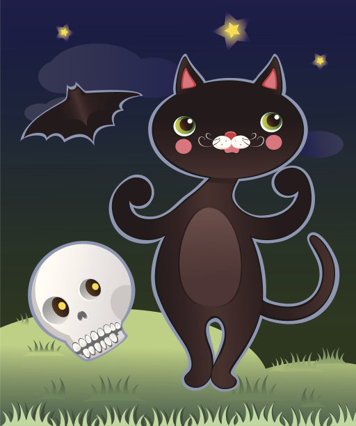 万圣节的黑色猫，带着骷髅和蝙蝠图片下载