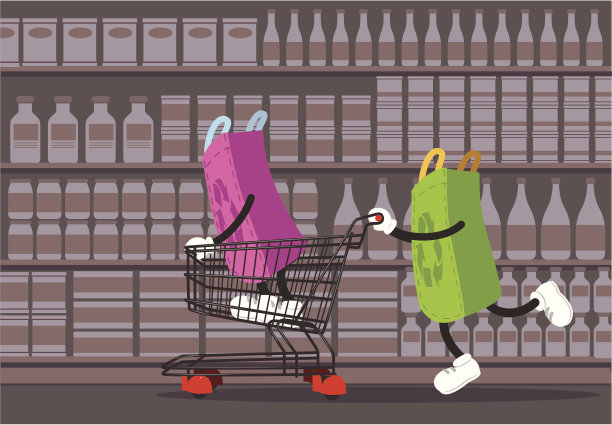 环保购物袋夫妇在超市玩得开心素材图片