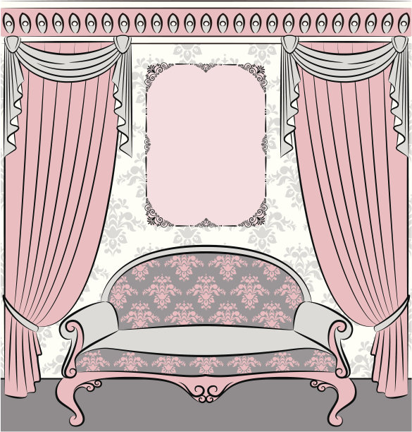 有窗帘和沙发的复古室内。向量图片下载