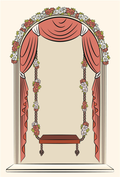 老式的房子在窗帘和鲜花中摇摆。向量图片下载