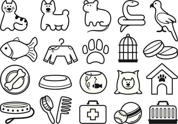 20个宠物和护理图标在黑色的白色背景图片下载