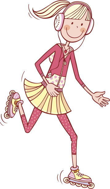 女孩坐在旱冰鞋上听音乐素材图片