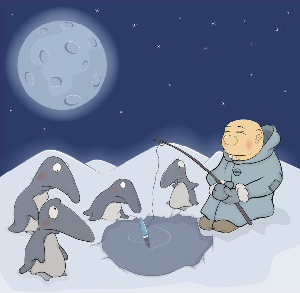 渔夫和企鹅。卡通图片下载