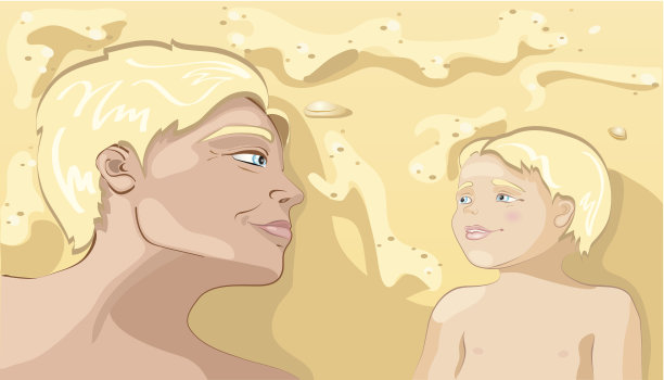 年轻的爸爸和小儿子在海滩上玩得很开心图片下载