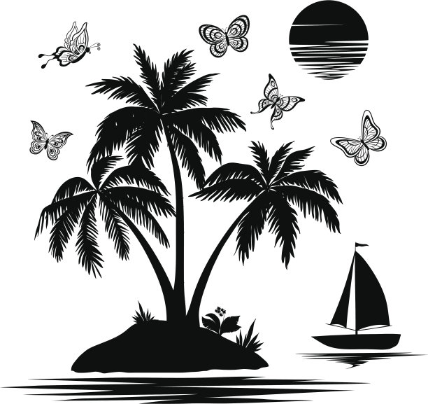 岛上有棕榈树，船，蝴蝶，剪影图片下载