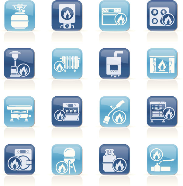 深蓝色和浅蓝色的图标和白色的家用煤气灶图片下载