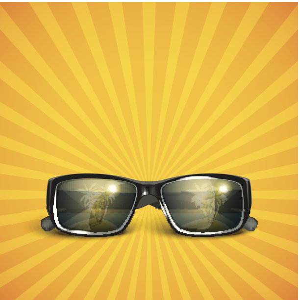 带有热带岛屿反射的太阳镜。夏天的背景素材图片