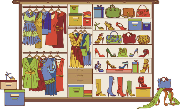 矢量衣柜与各种鞋，包和衣服图片下载