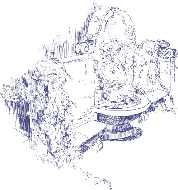 石墙，带有喷泉和常春藤的长椅图片下载