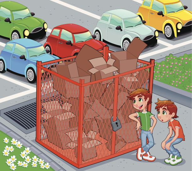 一对双胞胎在一个回收笼附近。图片下载