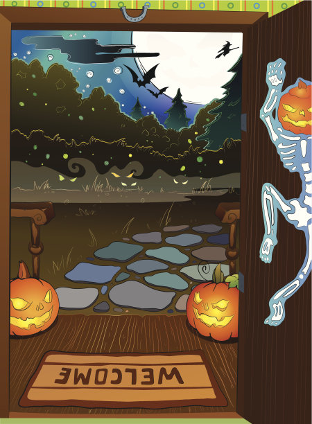 万圣节夜晚的背景与树木秋天的颜色图片下载