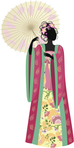 穿着传统服装打着伞的中国妇女图片下载