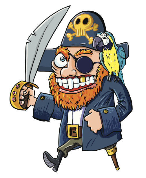 卡通海盗一只鹦鹉和一把弯刀。孤立在白色图片下载