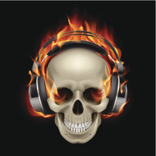 带耳机的火焰骷髅。图片下载