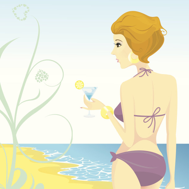 穿着比基尼在海滩上拿着鸡尾酒的美女图片下载