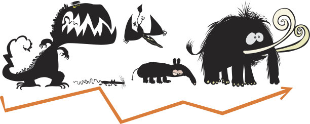 卡通史前动物的剪影。图片下载
