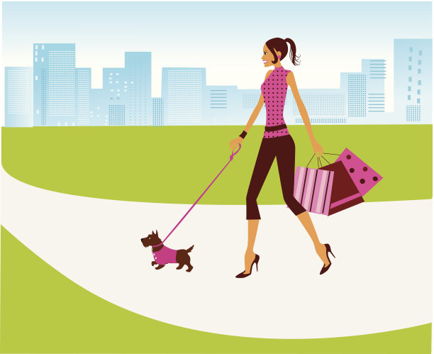 女孩在公园遛宠物，拿着礼品袋图片下载