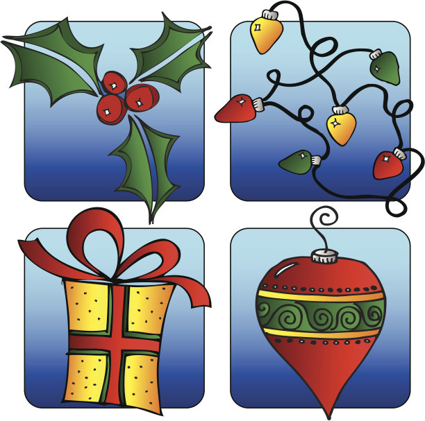 圣诞四Vinette -冬青，装饰品，灯和礼物图片下载