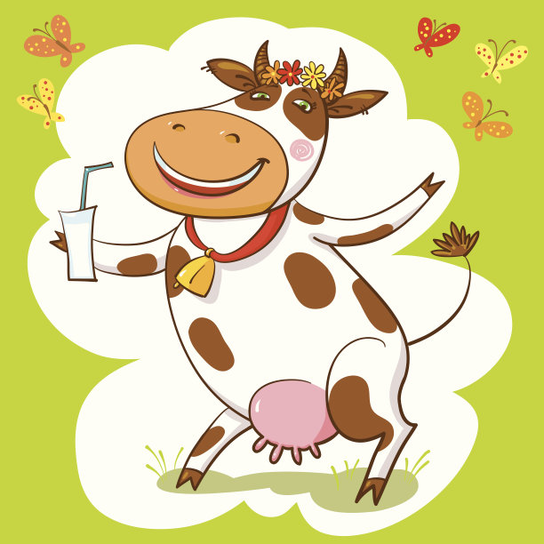 快乐的奶牛和牛奶。图片下载