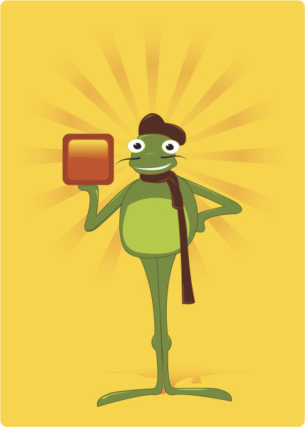 带着贝雷帽和围巾的微笑青蛙人物拿着一个盒子图片下载