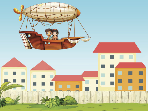 两个孩子在飞机上俯瞰村庄图片下载