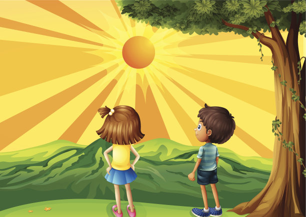 两个孩子在看日落图片下载