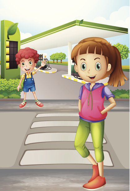 一个女孩和一个男孩在加油站附近图片下载