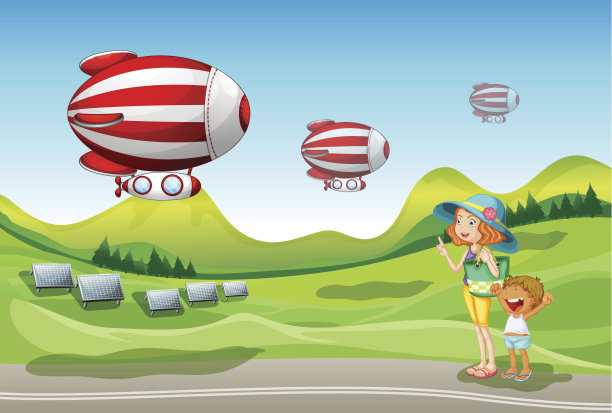 母亲和孩子看到一艘宇宙飞船图片下载