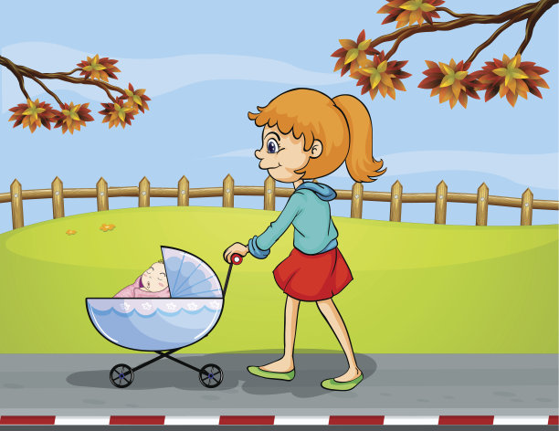 推着婴儿车的女孩抱着熟睡的婴儿图片下载