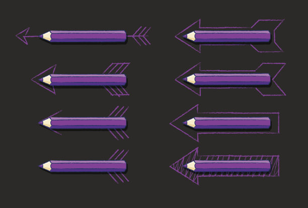 各种紫色铅笔箭头在黑色的背景图片下载