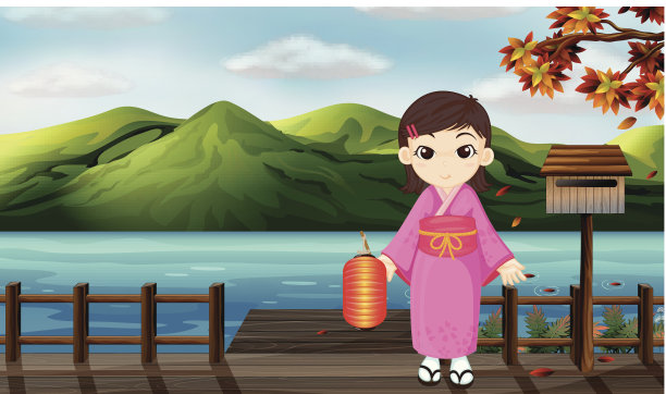穿着和服的女孩提着灯笼图片下载