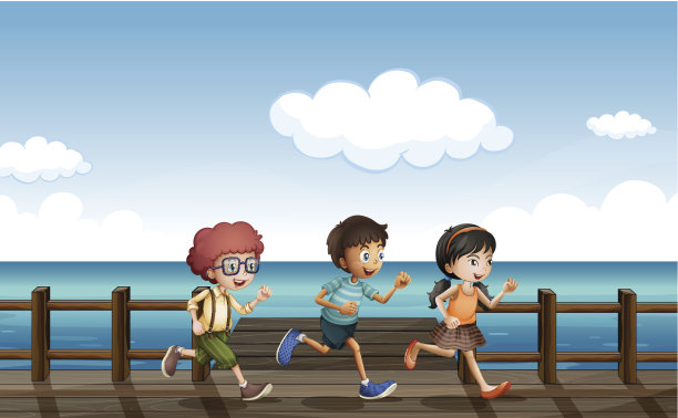 孩子们在木头长凳上跑步图片下载