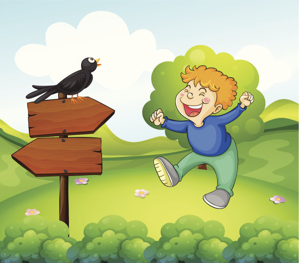 一个小男孩旁边的木牌子上有一只黑色的鸟图片下载