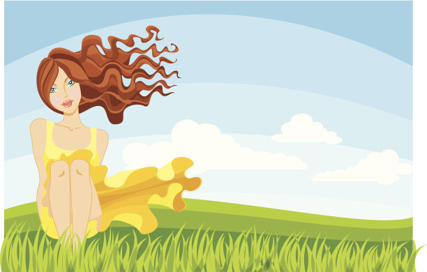 坐在草地上的年轻女子图片下载