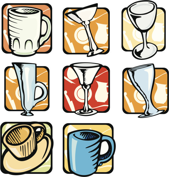 厨房用具插画：杯子和玻璃杯（矢量图）图片下载