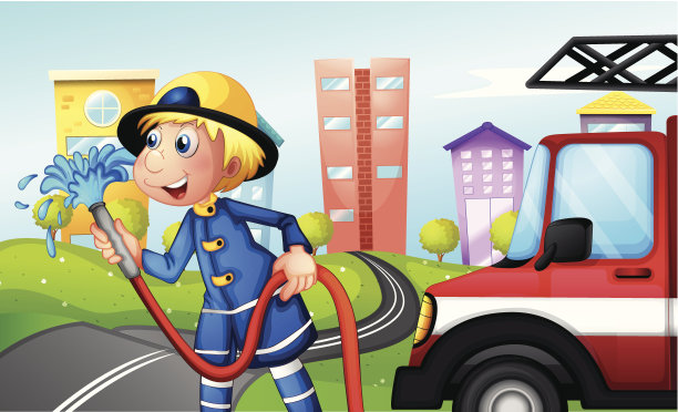 拿着水管站在街上的消防员图片下载