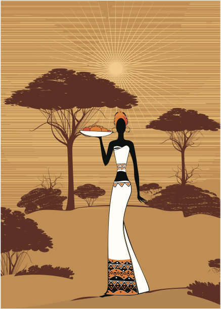 穿着民族服装的非洲妇女，手里拿着一盘水果图片下载
