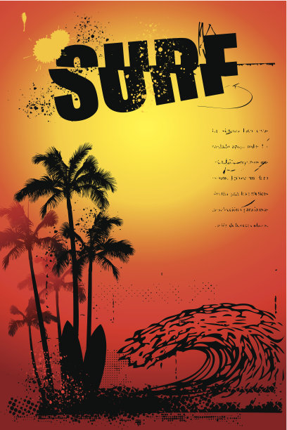 带有大浪和日落的垃圾摇滚冲浪海报图片下载