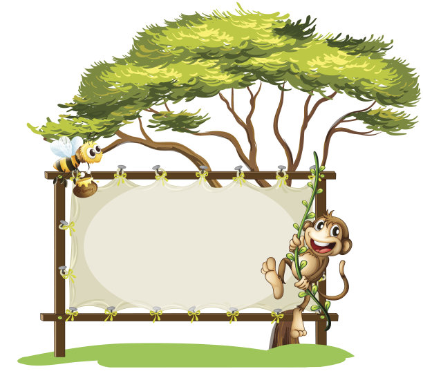 猴子和蜜蜂在空标牌旁边图片下载