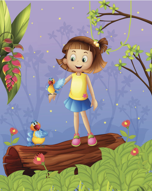 女孩和两只鸟在森林里图片下载