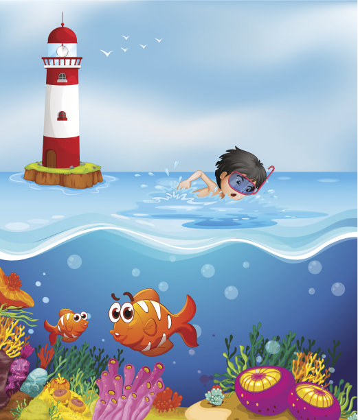 一个男孩在灯塔附近的海滩上游泳图片下载