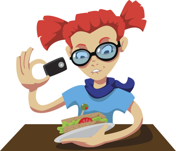卡通女孩拍摄食物图片下载