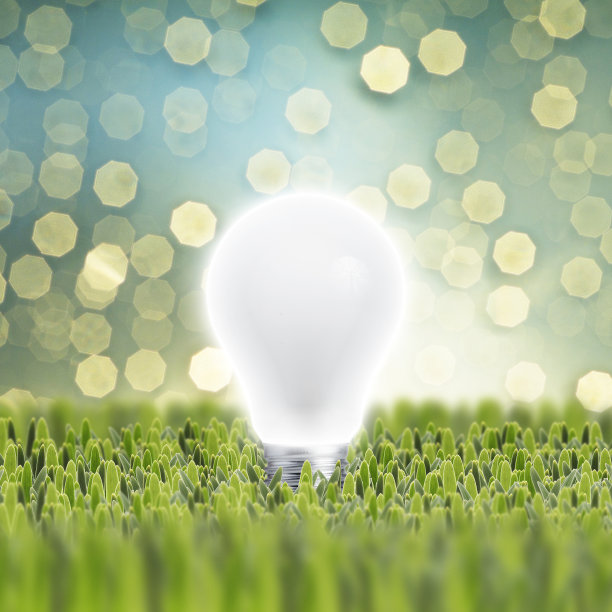 绿色草地上的发光灯泡图片下载