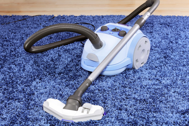 吸尘器站在蓝色地毯上。图片下载