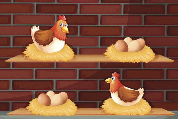 两只母鸡在木架子上下蛋图片下载