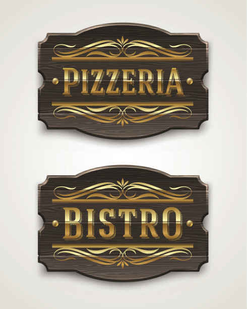 披萨店和小酒馆的木制招牌，上面有金字图片下载